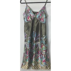Romy Y2K Dress Women L Slip Dress Olive Green VNeck 90s Paisley Bohemian Vintage